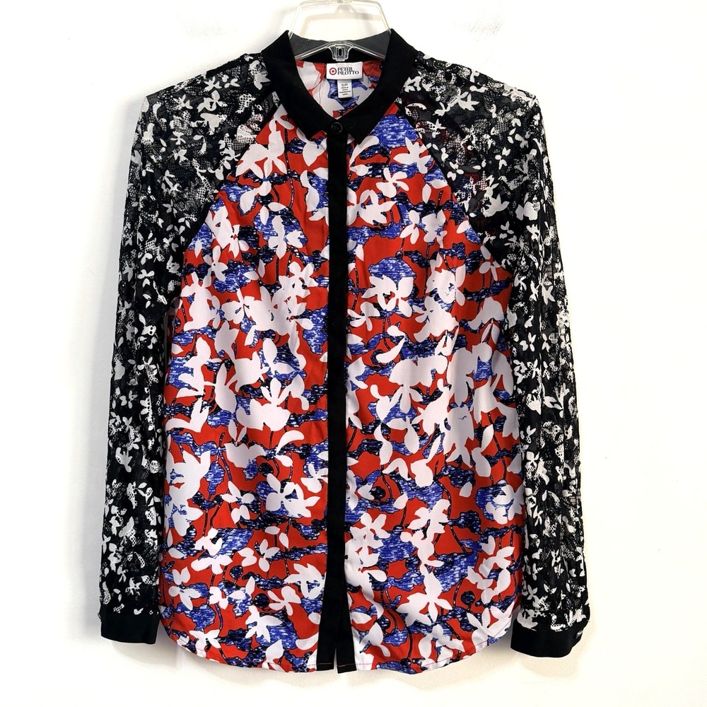 Peter Pilotto Target Blouse S Button Front Lace Sleeve‎ Party Trendy Floral Top